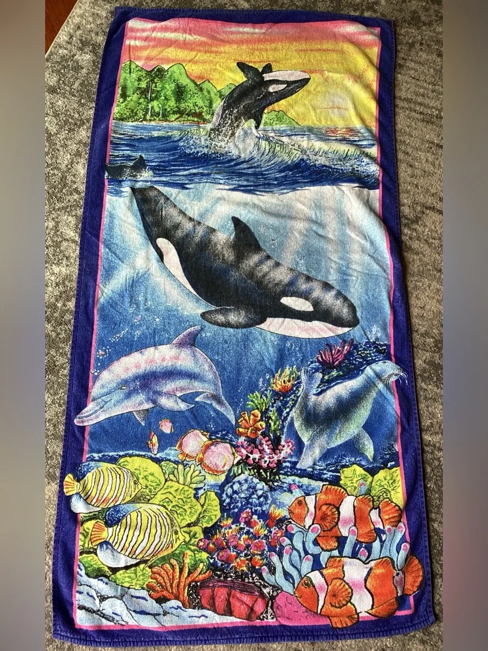 Vintage La Plage Impact Beach Pool Towel Sea Fish Whales Colorful 27x52 Cotton